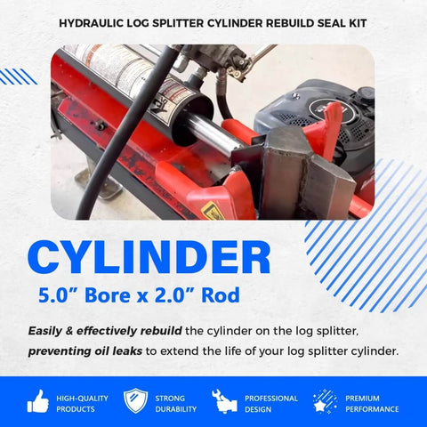 Hydraulic Log Splitter Cylinder Rebuild Seal Kit For 5.0 Inch Bore And 2.0 Inch Rod, Complete O Ring Set shown on log splitter