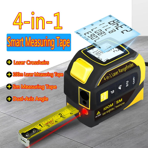 4 In 1 Laser Tape Measure With 5m Tape, 40m To 100m Laser Rangefinder, Crosshair Marker, Dual Axis Electronic Level, Backlit LCD Display, And One Quarter Inch Tripod Mount For Fast, Precise On The Fly Measurements. shown with extended tape