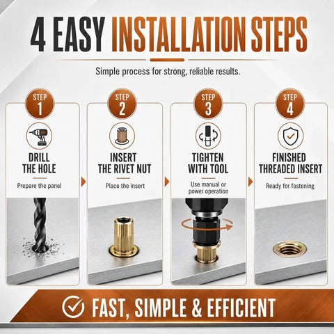 Pro Grade Metric Rivet Nut Mandrel Kit For M3 To M12 In Carbon Steel All In One Set With Three Configs 55Pc With 5 Mandrels And 50 Nuts 66Pc With 6 Mandrels And 60 Nuts And 77Pc With 7 Mandrels And 70 Nuts For DIY Auto And Fabrication, 4-step install guide