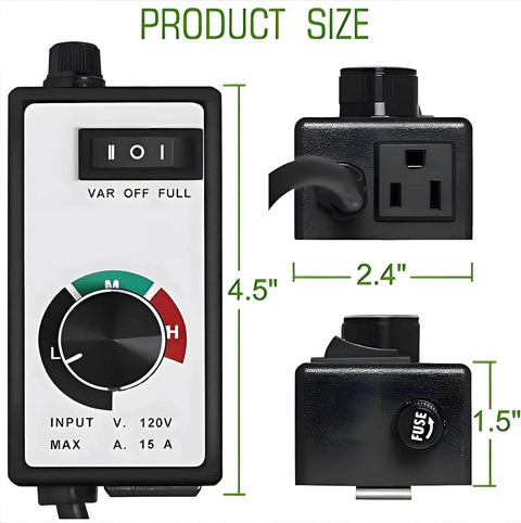 AC Motor Speed Controller For Fans Up To 15A Max 120V Adjustable Dial showing front, side views and dimensions