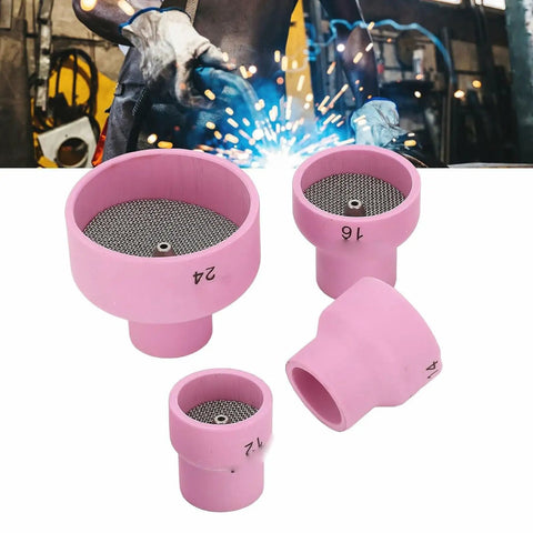 Grab A Fresh Set of 4 Premium TIG Welding Ceramic Nozzles And Torch Cups For High End WP9, 20, 25, 17, 18, And 26 Systems, featuring different sizes and stainless steel filters.
