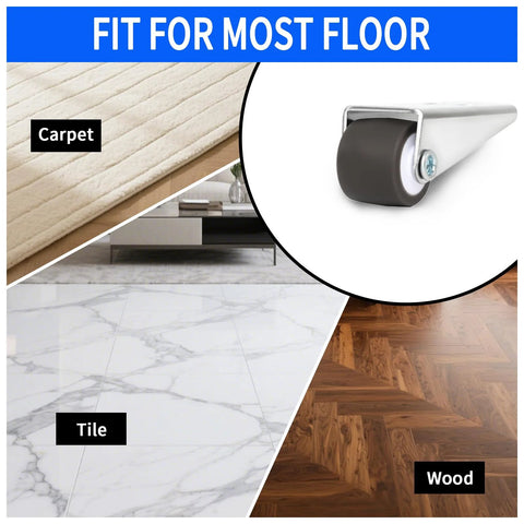 Low Profile 0.9 Inch Caster Wheels Set Of 4 With Long Brackets For Furniture on carpet, tile, and wood surfaces