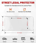 License Plate Protector 2 Pack Clear Shield For US And Canada Plates, Universal Fit, showing dimensions and vehicle compatibility