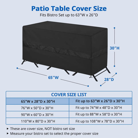65-Inch Wide By 28-Inch Deep By 30-Inch High Outdoor Bistro Set Cover For Table And Two Chairs Waterproof With Air Vent UV Resistant