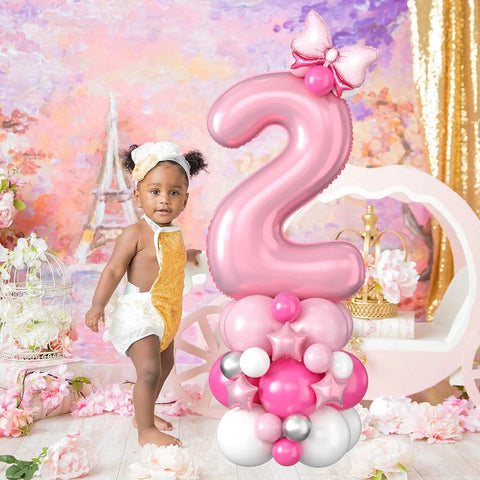 40 Inch Pink Number 2 Balloon Tower Kit For A 2nd Birthday Bash Includes A Giant Pink 2 Foil Balloon, Star Balloons, Mini Bow, And A 12 Inch Balloon Mix In Rose Red, Macaron Pink And White For A Cute Girls Celebration.