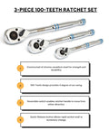 Quick Release Ratchet Wrench Set With One Quarter Inch Drive, Three Eighths Inch Drive, And One Half Inch Drive, 100 Tooth Mechanism