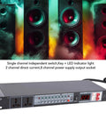 Keep Your Live Rig Bulletproof With This 10 Outlet Power Sequencer Surge Protector Featuring Digital Voltage Display And Hella Surge Defense For Smooth Amp Speaker Startup Shutdown On Stage Or In Studio US Plug, shown with speakers.