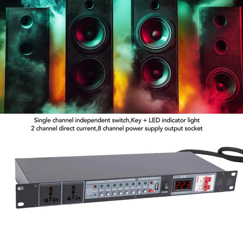 Kick Off And Power Down Your Stage Rig In Smooth Order Ten Outlet Audio Power Sequencer Features Digital Voltage Readout To Ride Out Power Spikes And Keep Your Amps Fresh And Loud All Night Us Plug with LED display and eight power sockets.