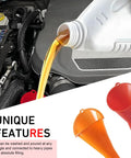 Long Neck Oil Funnel Set Two Sizes Hand Free Filler Funnel Wide Mouth Spill Saver For Car And Motorcycle Universal Engine Oil Lube Filling Tool With Hanging Hole Red shown in use during oil filling process in vehicle engine area.