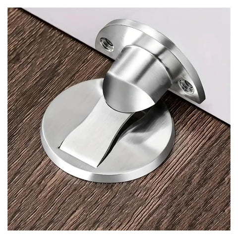 Invisible Floor Mounted Door Stopper With Nail-Free Install, silver design on wooden floor for wall-safe protection