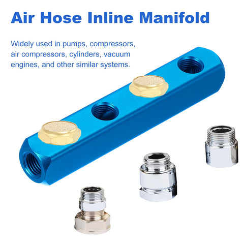 Blue Rugged Aluminum Air Manifold 2 Way 4 Port Inline Block For Pneumatic Systems with fittings displayed