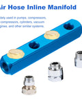 Six Way Nine Port Aluminum Air Manifold Block For One Quarter Inch Quick Connects Inline Pneumatic Splitter in blue with fittings
