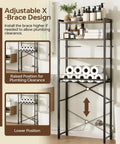 Adjustable X-brace design on 4-Tier Over The Toilet Storage Rack With One-Piece Wood Shelves And Open Net Basket, Space-Saving Bathroom Organizer With Adjustable Feet And Anti-Tip Kit, Brown Finish, 24.4 In L X 9.4 In W X 69.3 In H.