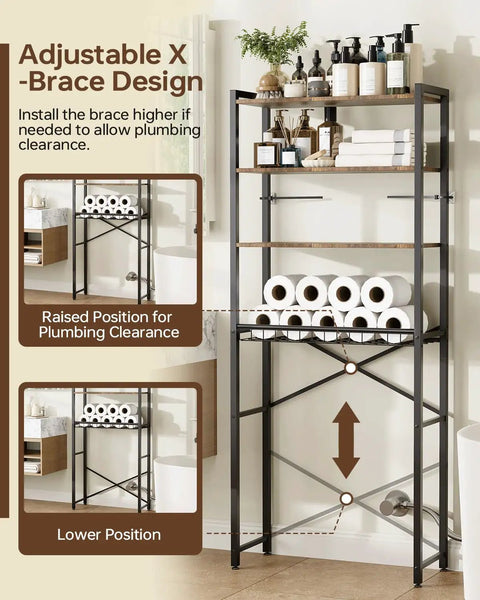 Adjustable X-brace design on 4-Tier Over The Toilet Storage Rack With One-Piece Wood Shelves And Open Net Basket, Space-Saving Bathroom Organizer With Adjustable Feet And Anti-Tip Kit, Brown Finish, 24.4 In L X 9.4 In W X 69.3 In H.