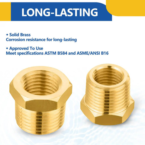 10 Pack Brass Reducer Hex Bushing 1/2 Inch Male NPT to 1/4 Inch Female NPT Pipe Fitting Adapter, corrosion resistant
