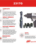 Heavy Duty 1/2 Inch Air Impact Wrench And 3/8 Inch Air Ratchet Combo Kit With 5-Piece Socket Set And Carrying Case Up To 500 Ft-Lbs Max Torque For Pro Grade Performance shown with product details and features.