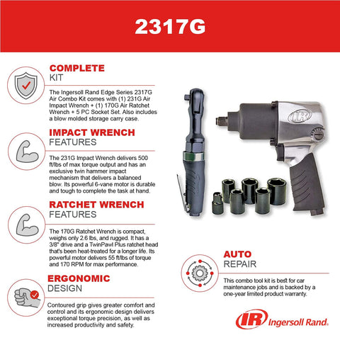 Heavy Duty 1/2 Inch Air Impact Wrench And 3/8 Inch Air Ratchet Combo Kit With 5-Piece Socket Set And Carrying Case Up To 500 Ft-Lbs Max Torque For Pro Grade Performance shown with product details and features.