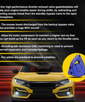 Honda Civic Turbo Valve Plate Spacer BOV 1.5T Billet Upgrade Mods For Coupe Blue Boost Ready with yellow car and text description.