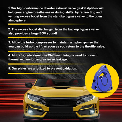 Honda Civic Turbo Valve Plate Spacer BOV 1.5T Billet Upgrade Mods For Coupe Blue Boost Ready with yellow car and text description.