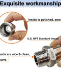 4 Pack 3/4 to 1/2 NPT Reducing Hex Nipples, 304 Stainless Steel, close-up of smooth threads and polished inside, heavy duty pipe fittings