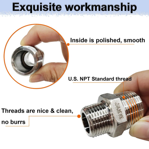 4 Pack 3/4 to 1/2 NPT Reducing Hex Nipples, 304 Stainless Steel, close-up of smooth threads and polished inside, heavy duty pipe fittings