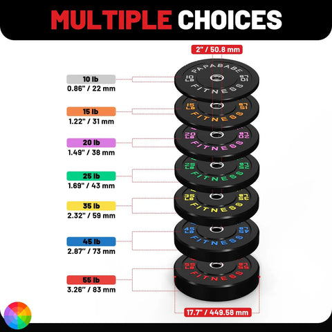 Stacked colored weight plates chart with sizes from 10lb to 55lb, featuring 2-inch hub diameter and color-coded labels.