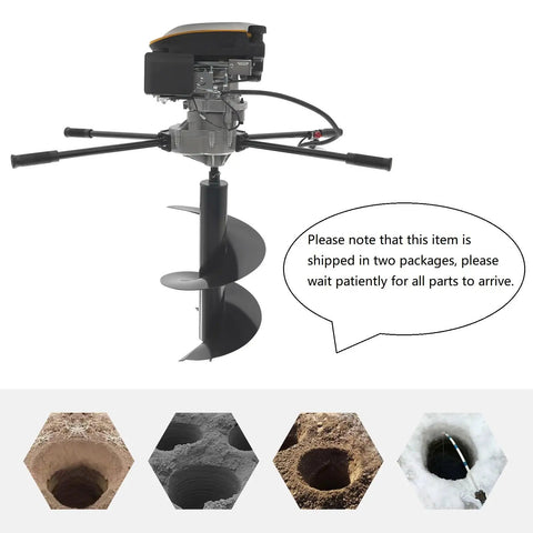 Gas Powered Post Hole Digger With 173cc Engine, 9HP Earth Auger, Four Handles, drill bit shown with note on shipping in two packages.