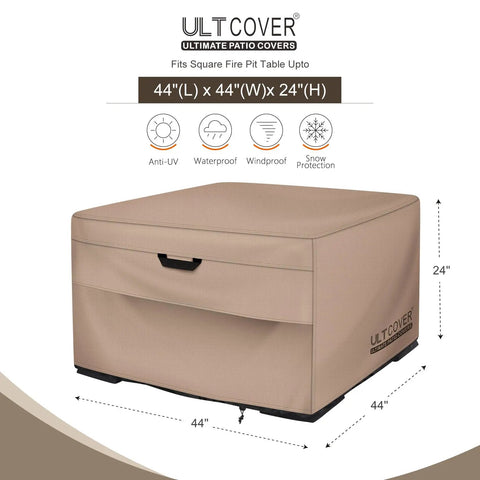 Square 44 Inch Patio Fire Pit Table Cover Waterproof Outdoor Shield Keeps Rain Snow Leaves And Bird Droppings Out With Beefy 600D Polyester And Breathable Vents For Easy Airflow And Long Lasting Protection