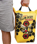 Hand carrying Yellow Jacket Rugged Weather Resistant Archery Discharge Target Bag Two Pack For Crossbow And Compound Bow with handle.