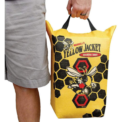 Hand carrying Yellow Jacket Rugged Weather Resistant Archery Discharge Target Bag Two Pack For Crossbow And Compound Bow with handle.