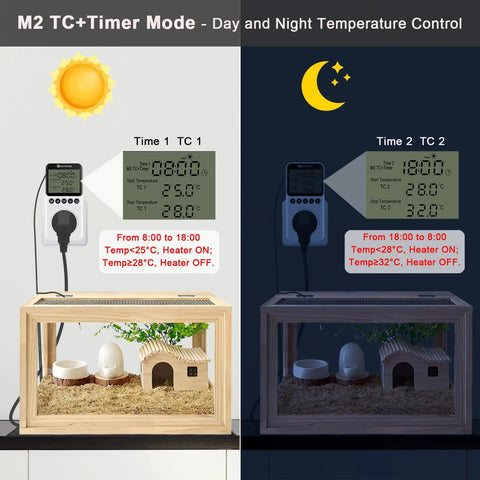 Digital Day And Night Temperature Controller With Timer For Reptile Terrarium And Greenhouse 120V Thermostat Outlet Plug With 3m Sensor Auto Heating And Cooling Control Three Modes M1 M2 M3