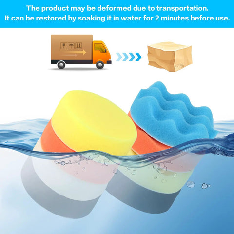 11Pcs Pro Grade Car Buffing Pads For Drill Polishing Kit submerged in water for reshaping, showing foam and sponge textures.