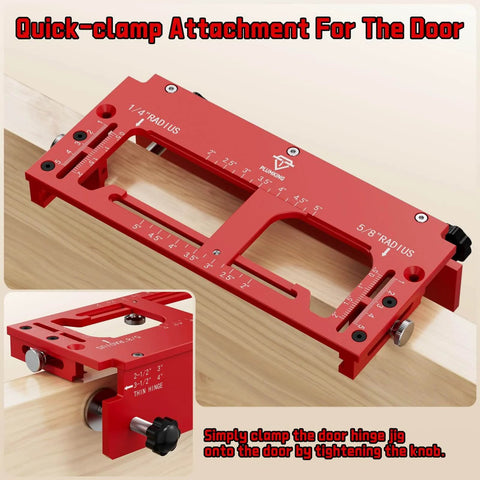 Door Hinge Jig For Doors And Frames Pro Grade Upgraded Adjustable Mortise Width Aluminum Alloy Template Kit For Router Fits 1/4 Inch Radius 5/8 Inch Radius And Square Corner Hinges From 2 To 5 Inches No Fuss Setup in red color with quick-clamp attachment