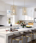 Gold Pendant Light Chandelier For Kitchen Island With Adjustable Framework And Rotatable Geometric Shade Brushed Gold Finish Open Sides For Airy Look