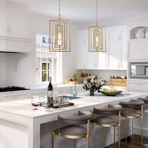 Gold Pendant Light Chandelier For Kitchen Island With Adjustable Framework And Rotatable Geometric Shade Brushed Gold Finish Open Sides For Airy Look