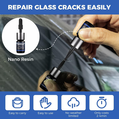 Hand using Windshield Chip Repair Kit 2 Pack With Fast Cure Resin For Bulls Eye Cracks And Star Shape Glass Fix Quick And Easy