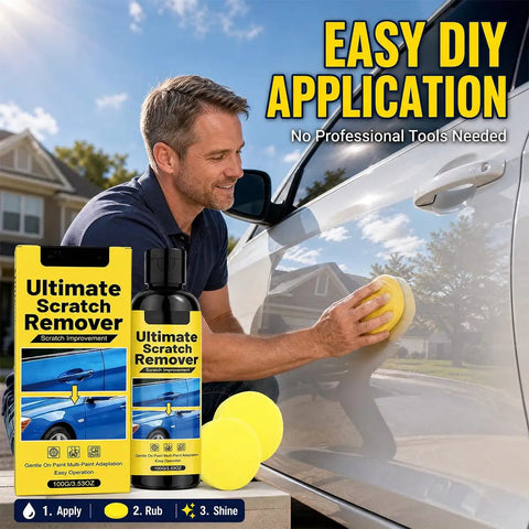 Man applying Hassle Free Auto Scratch Remover And Polish Kit on car door with sponge for shine and scratch improvement.
