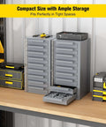 Gray Metal Tool Storage Cabinet With 9 Drawers With Dividers, All Welded Steel Construction For Rugged Durability, in a workshop.