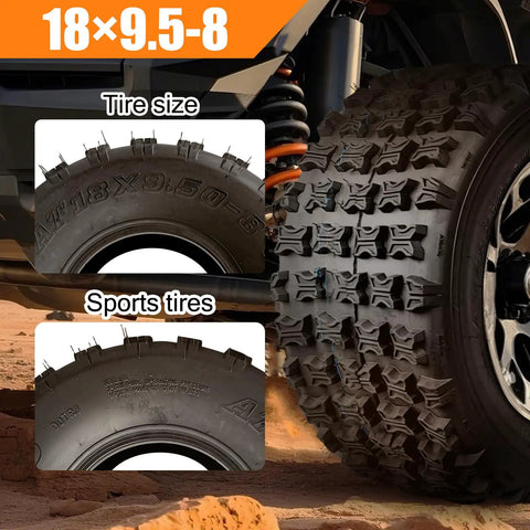 Image showing Two Pack 18x9.5-8 ATV UTV Tires for Turf Mud Sand and Trail Off Road Adventures 4PR Tubeless heavy-duty tires close-up.