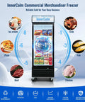 Top Shelf 27 Inch Commercial Display Freezer Upright Merchandiser With Triple Pane Glass Door showing frozen foods and temperatures.