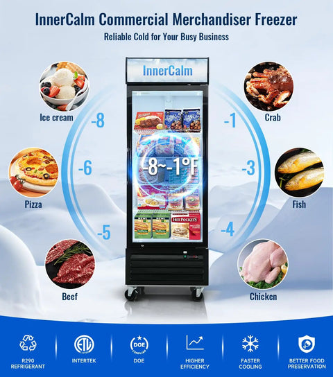 Top Shelf 27 Inch Commercial Display Freezer Upright Merchandiser With Triple Pane Glass Door showing frozen foods and temperatures.
