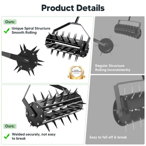 Comparison of Beast Of A Heavy Duty Manual Lawn Aerator Roller With 17 Inch Push Spike Design showing unique spiral structure vs regular structure.