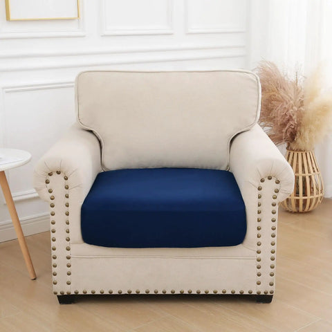 Waterproof Cushion Covers Stretch Sofa Slipcover For Dog Hair Stains Spills Washable Non Slip TPU Lined, Navy on beige chair