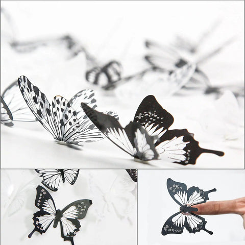 Close-up of 72 Piece Butterfly Wall Decor Sticker Set Removable 3D Mural Butterflies For Home Decor, Living Room And Kids Bedroom, Wall Decals For Parties, Birthdays, Weddings With Adhesive Dots, Black And White Vibe showing black and white butterflies with adhesive detail.