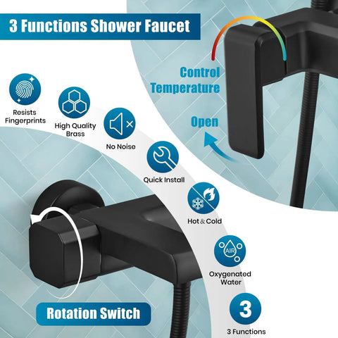 Matte Black Exposed Shower Fixture Set With 3 In 1 Diverter Valve Brass Body detail, showing control temperature and rotation switch