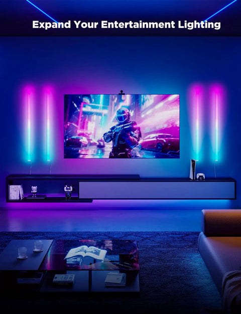 Next Level Smart Gaming Light Bar With Dynamic Rgbic Wall Mount And Hella Smooth Bluetooth App Control For Alexa And Google Setup, vibrant gaming setup with wall lights and TV.