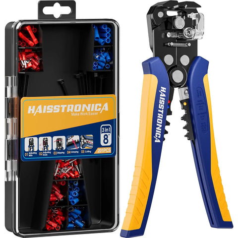 All In One Wire Stripper Kit With Automatic Self Adjusting Stripping And Crimping Tool For AWG 24 To 10 Cables With Insulated Terminals And Pro Grade Build For Easy DIY Electrical Work, showing tool and kit case.
