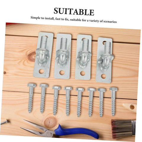 Heavy Duty Four Pack Wall Mount Gate Hinge For Wooden Barn Doors And Metal Patio Gates with screws and tools on a wooden surface.