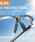 Angled side view of TICONN anti-fog safety glasses with adjustable arms, clear lenses, ANSI Z87.1, 1PK