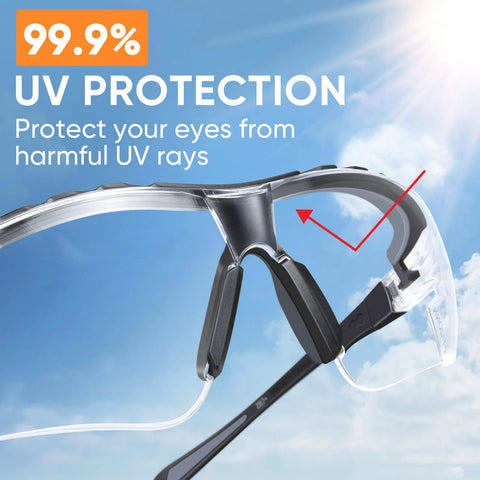 Angled side view of TICONN anti-fog safety glasses with adjustable arms, clear lenses, ANSI Z87.1, 1PK